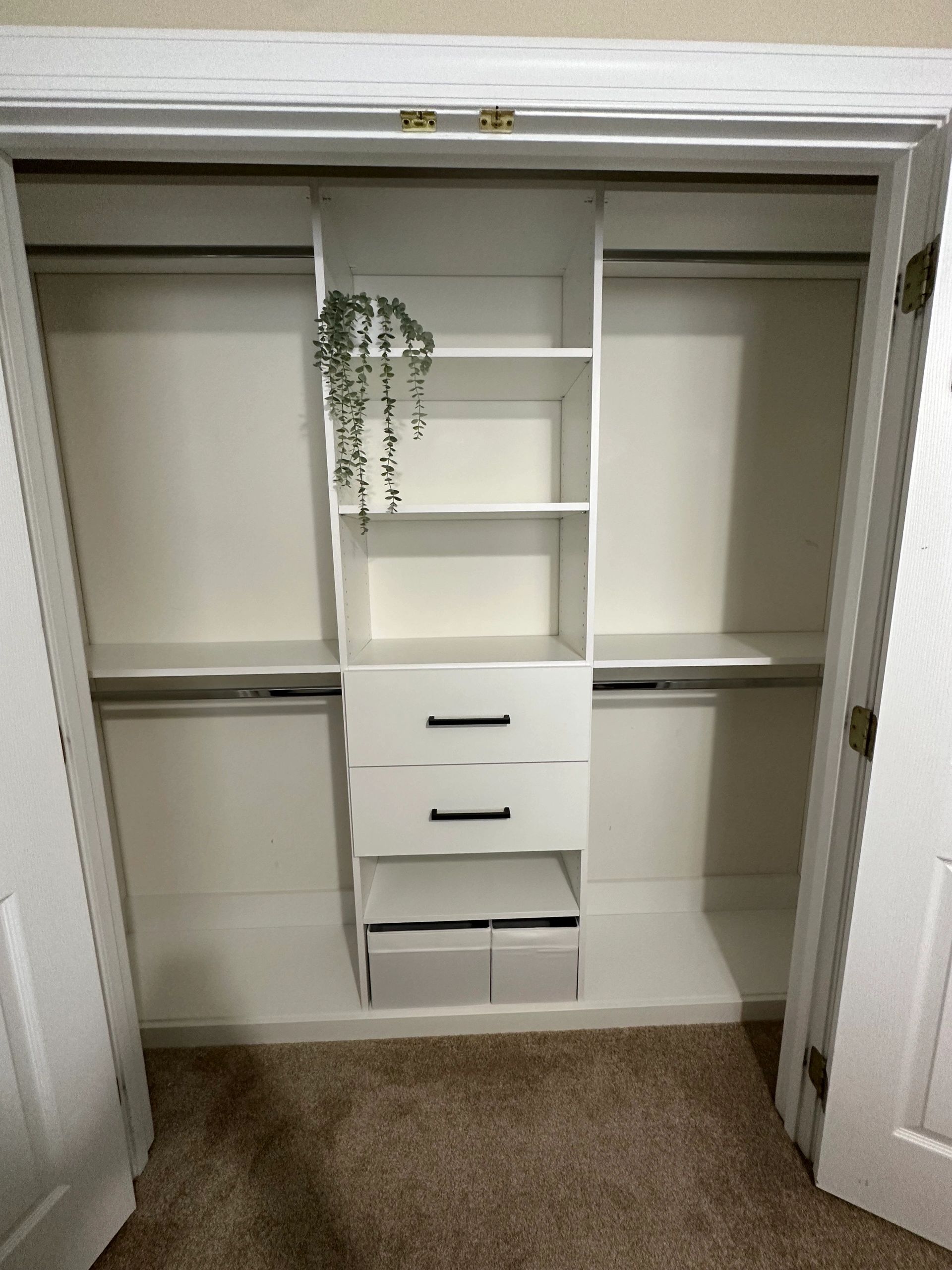 Custom reach-in closet system white shelving Fantasy Closets